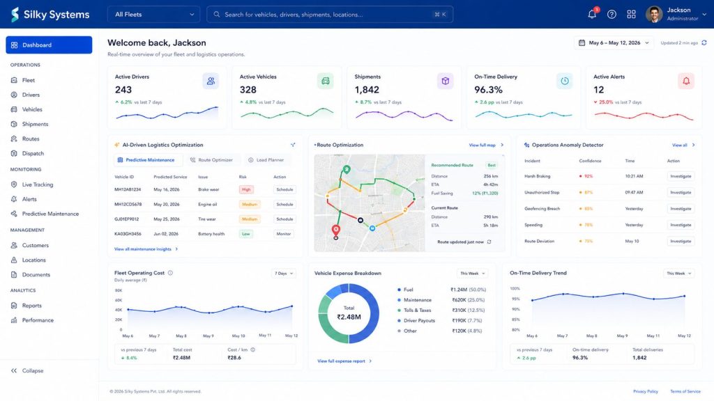 Logistics dashboard with fleet, route, and delivery metrics